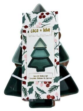 Coco & Lola Christmas Tree Tiered Bowls Wood Serving Charcuterie Tray Set Green